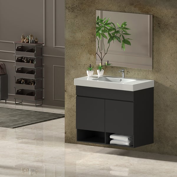 Mueble de baño nebari, lavabo y espejo 100x40cm con puertas grafito