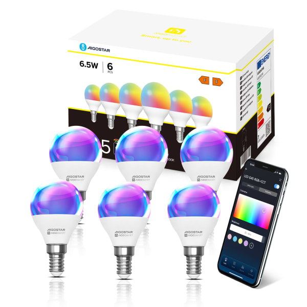 Bombilla LED inteligente RGB, Alexa, G45 E14 6.5W, regulable Aigostar