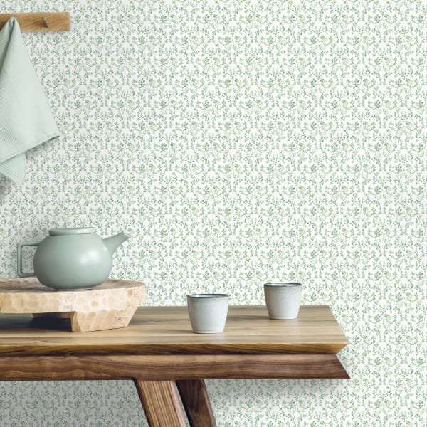 Papel pintado texturizado tnt ogee floral verde esmeralda y turquesa