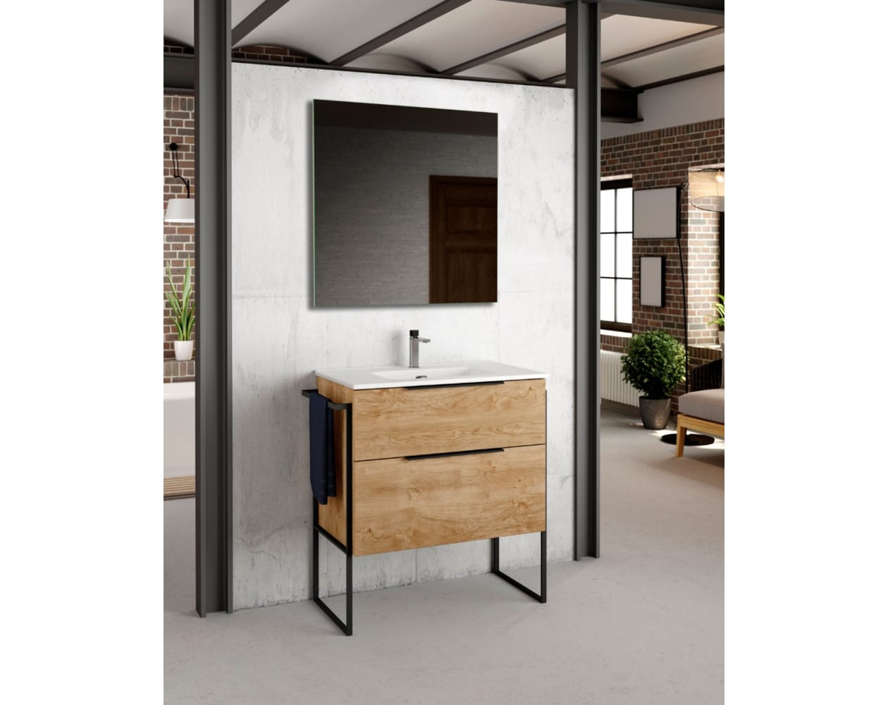 Mueble de baño al suelo con lavabo cerámico, 80 cm - roble natural