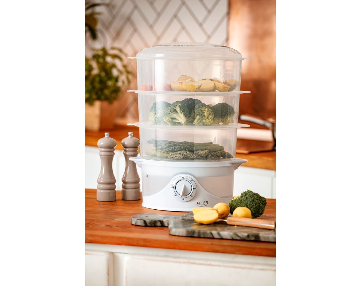 Vaporera eléctrica, 3 recipientes + recipient adler ad633 blanco 800w