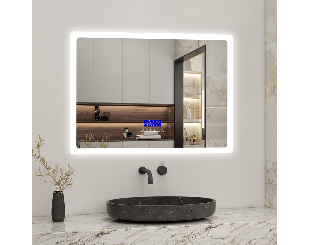 Espelho de casa de banho led 80×60cm + bluetooth + espelho de ampliação