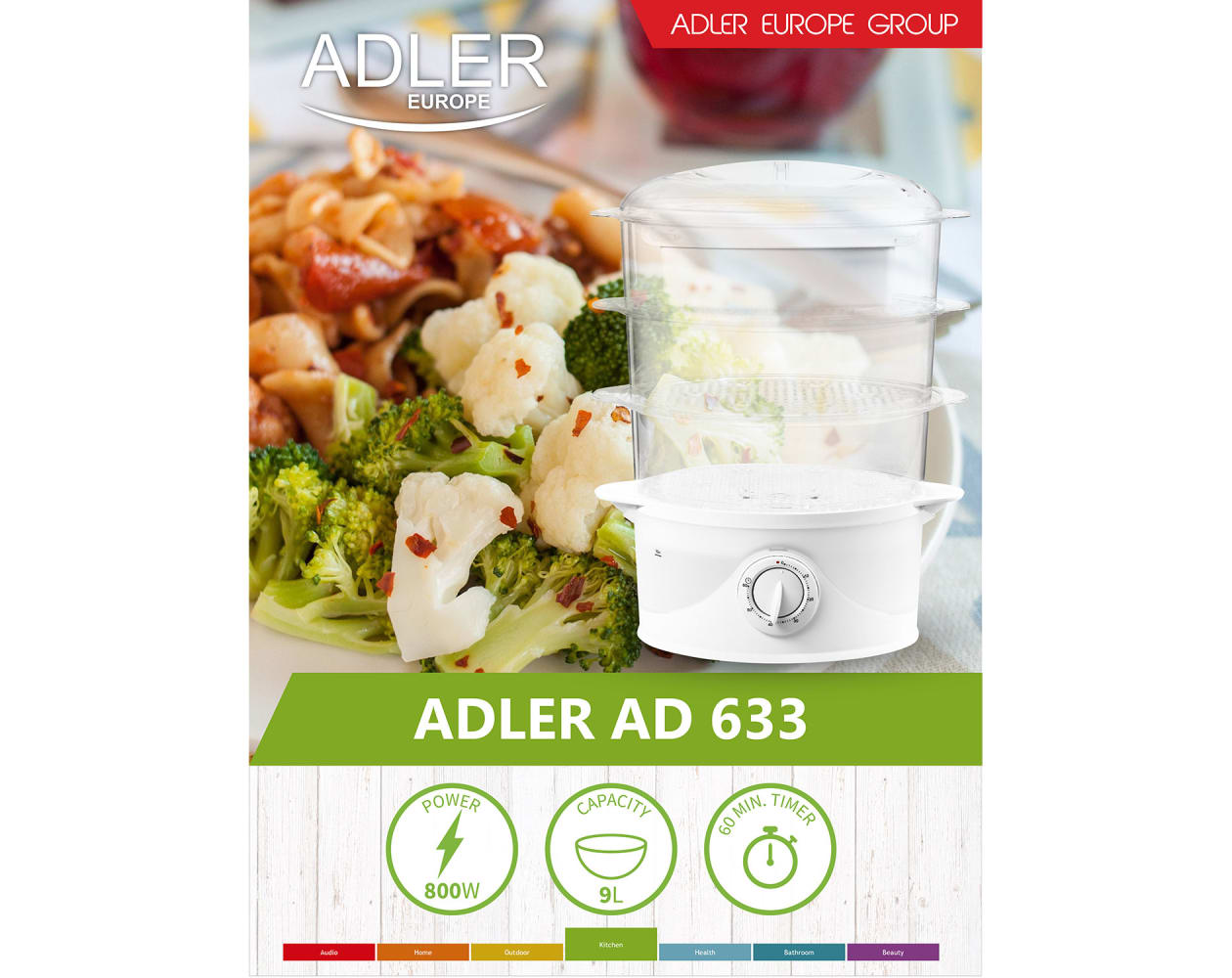 Vaporera eléctrica, 3 recipientes + recipient adler ad633 blanco 800w