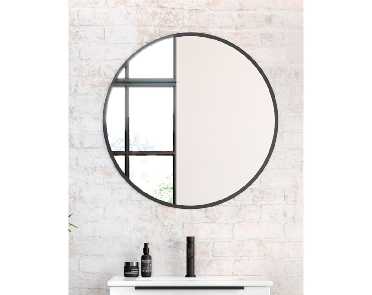Espejo de Pared Redondo Borde Negro, Espejo de Baño Redondo, 80cm - Negro