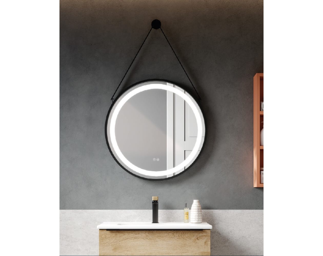 Espejo Colgante Redondo Baño, Luz LED, Espejo Led de Baño, 60 cm - Negro