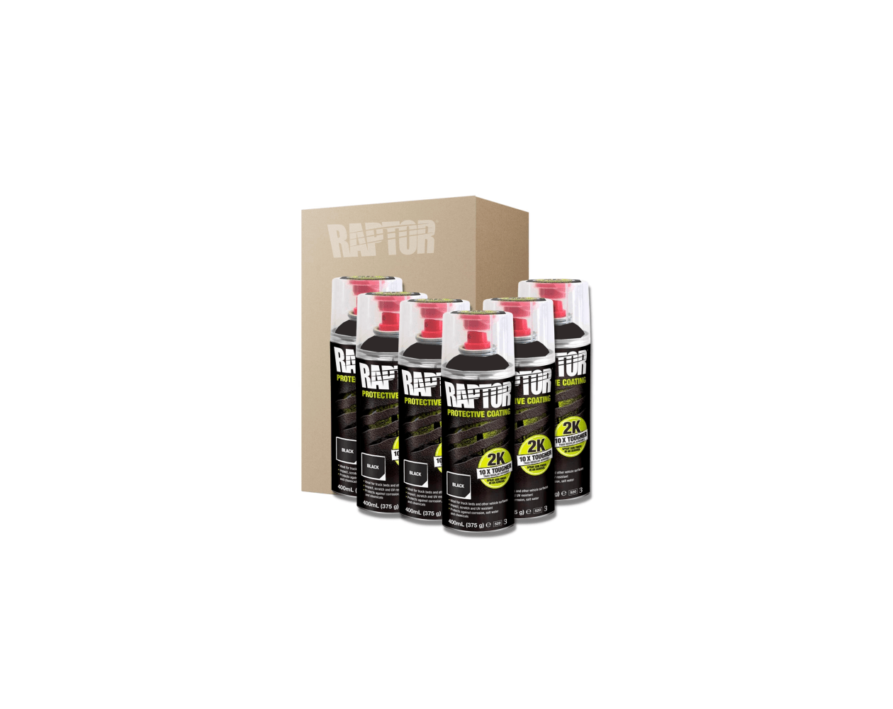 6 x sprays pintura raptor 2k negro 400 ml