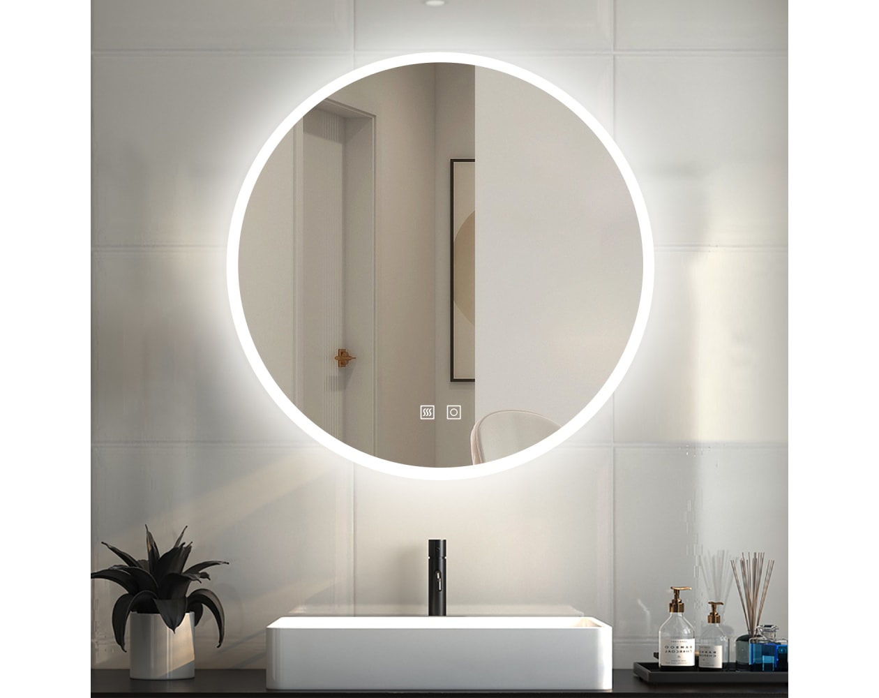 Espejo Baño Redondo con Luz, Espejo de Pared Antivaho para Baño con Luces  LED, Regulable y