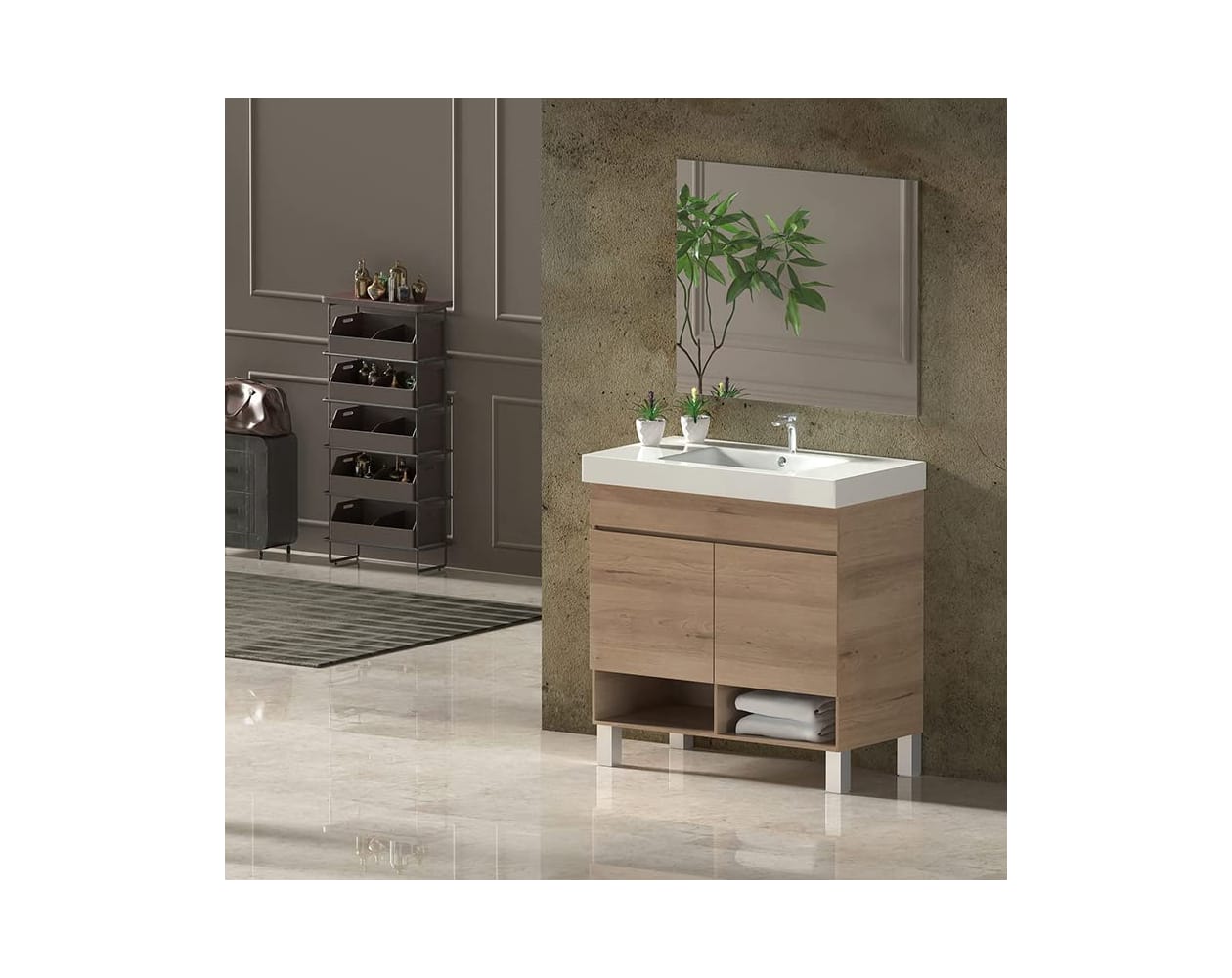 Mueble de Baño NEBARI incluye lavabo solid surface y espejo 80x40Cm con  puertas Estepa