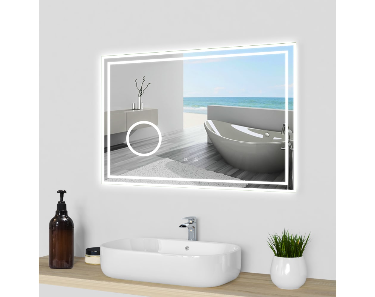 Espelho de casa de banho led 80×60cm + bluetooth + espelho de aumento