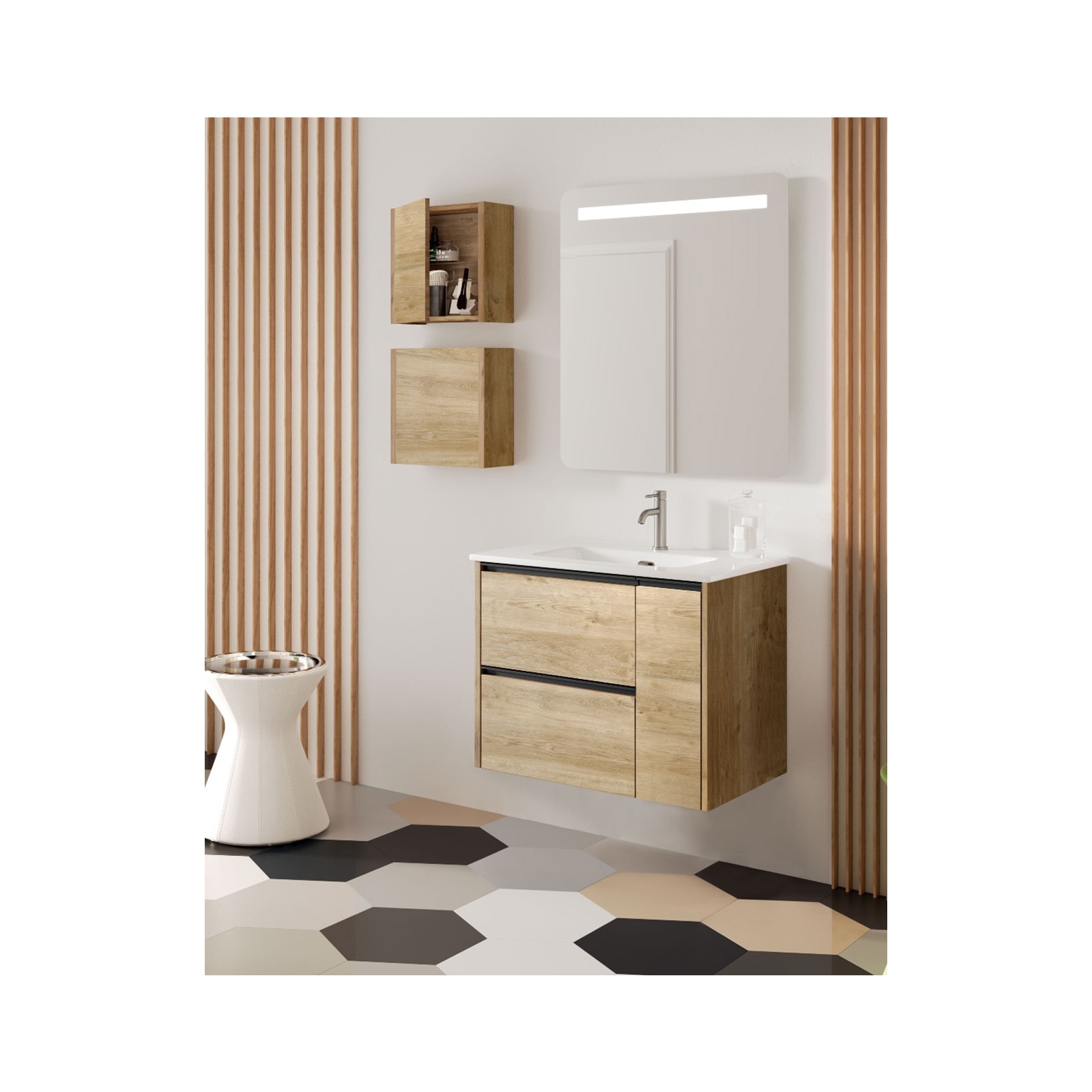 Mueble Baño al Suelo con Lavabo Cerámico y Patas, 70cm, 3 cajones 1  Puerta con Cierre Amortiguado y Organizador, Roble Natural