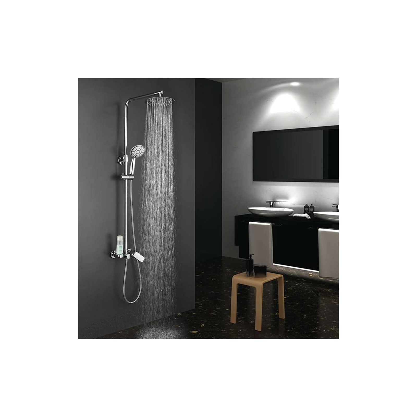 Columna de ducha monomando redonda modelo DUA con repisa integrada, tubo  redondo extensible regulable en altura de 80 a 120 cm. Ducha mano para