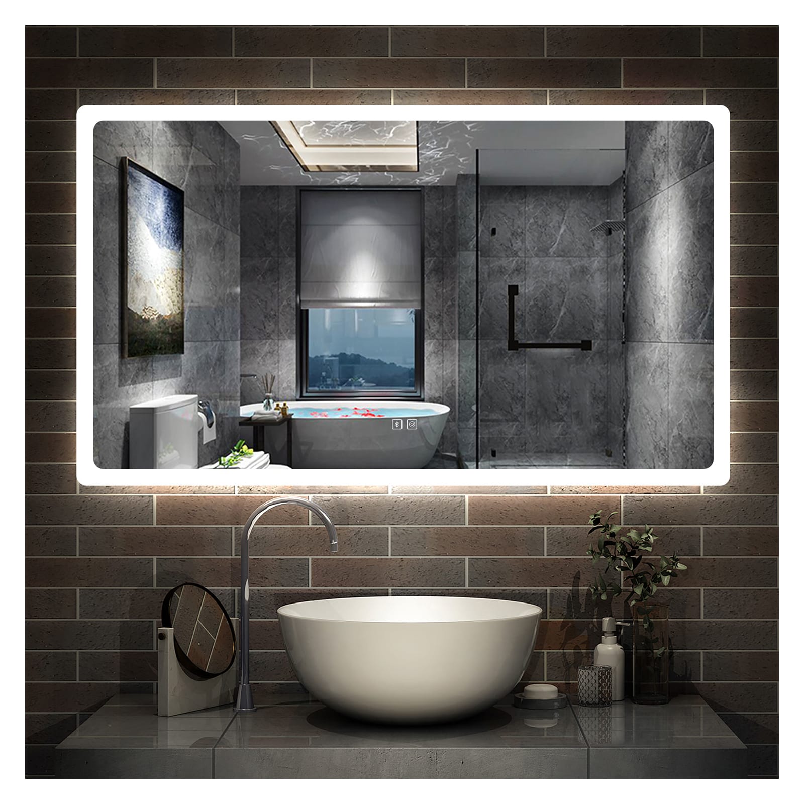 Espejo Baño Rectangular con Iluminación Led, 120 x 60 cm, Doble  Interruptor Táctil de Sistema Antivaho