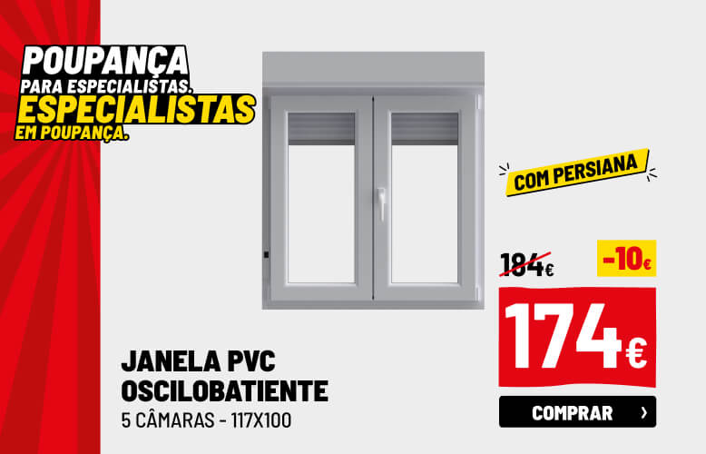 Janela PVC oscilo-batente com persiana branca 5 câmaras 117x100cm