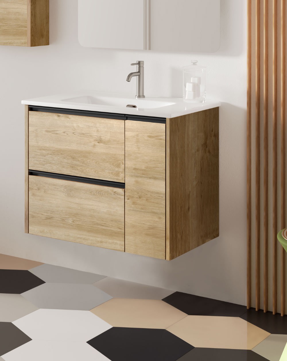Mueble baño MADRID acabado bambu de 80 cm ,con lavabo ceramico y  espejo.Nuevo modelo en oferta por su lanzamiento - Zomwy