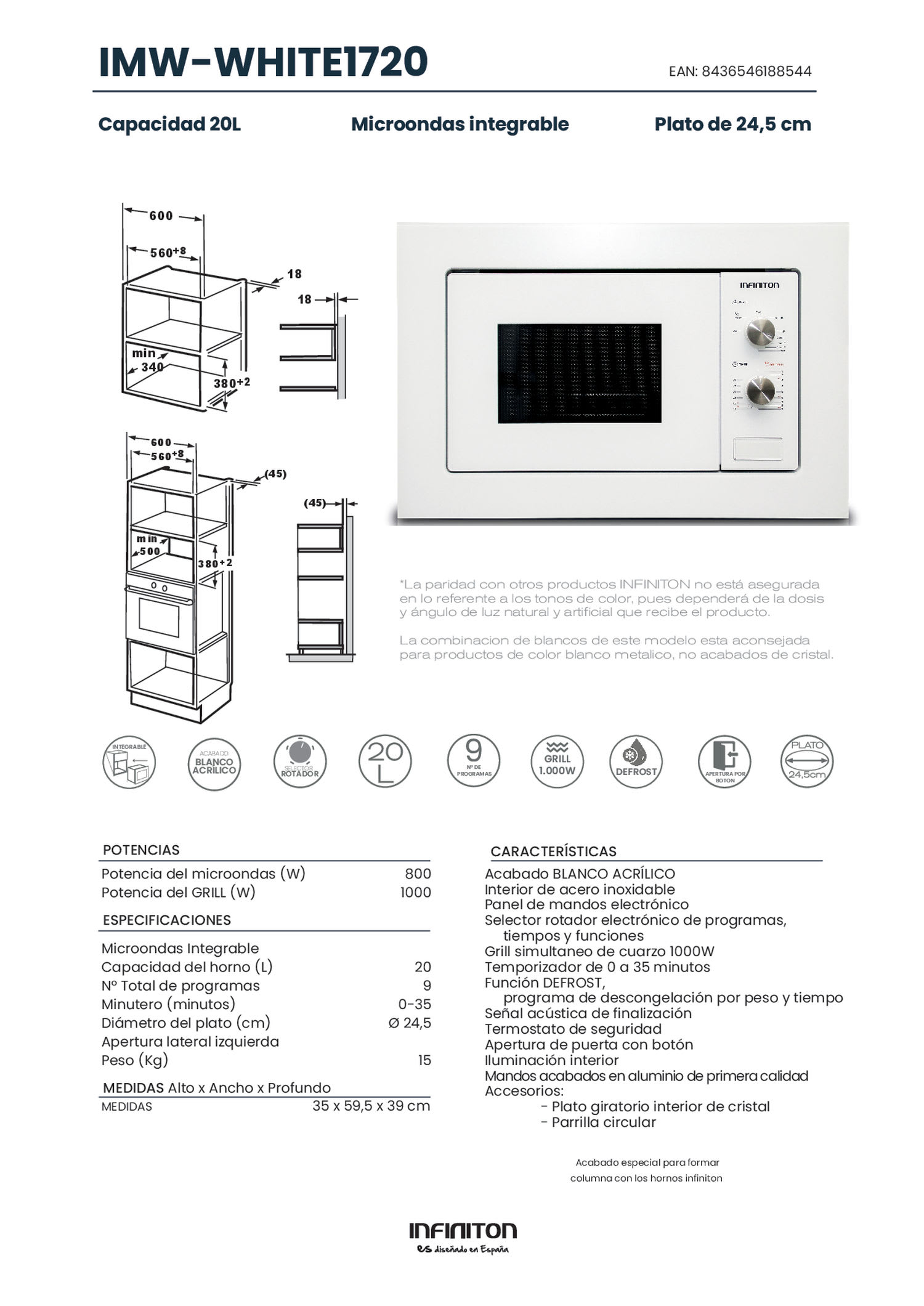 Microondas integrable INFINITON IMW-WHITE1720 - Blanco, 20L., Grill,  800W/1000W, Microondas integrable