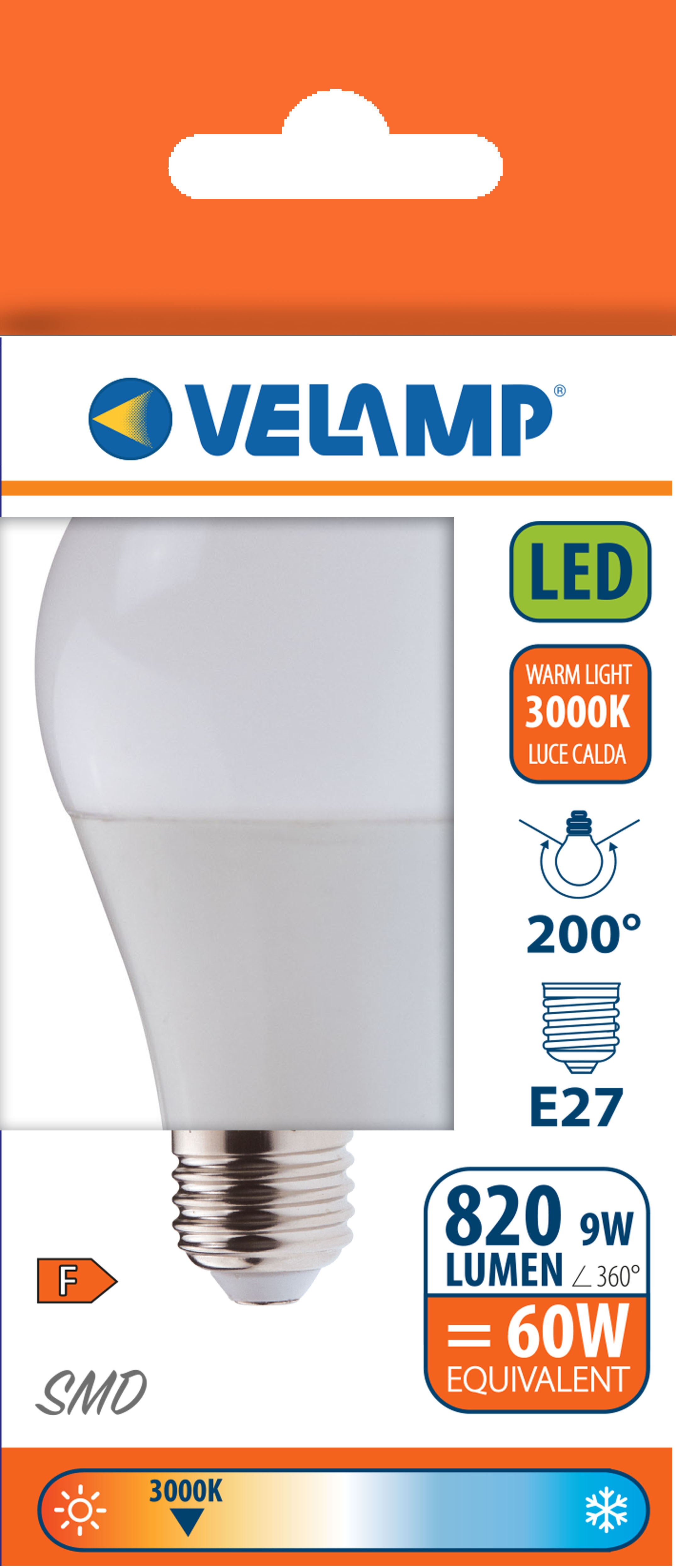 Bombilla LED SMD, estándar A60, 9W / 820lm, casquillo E27, 3000K