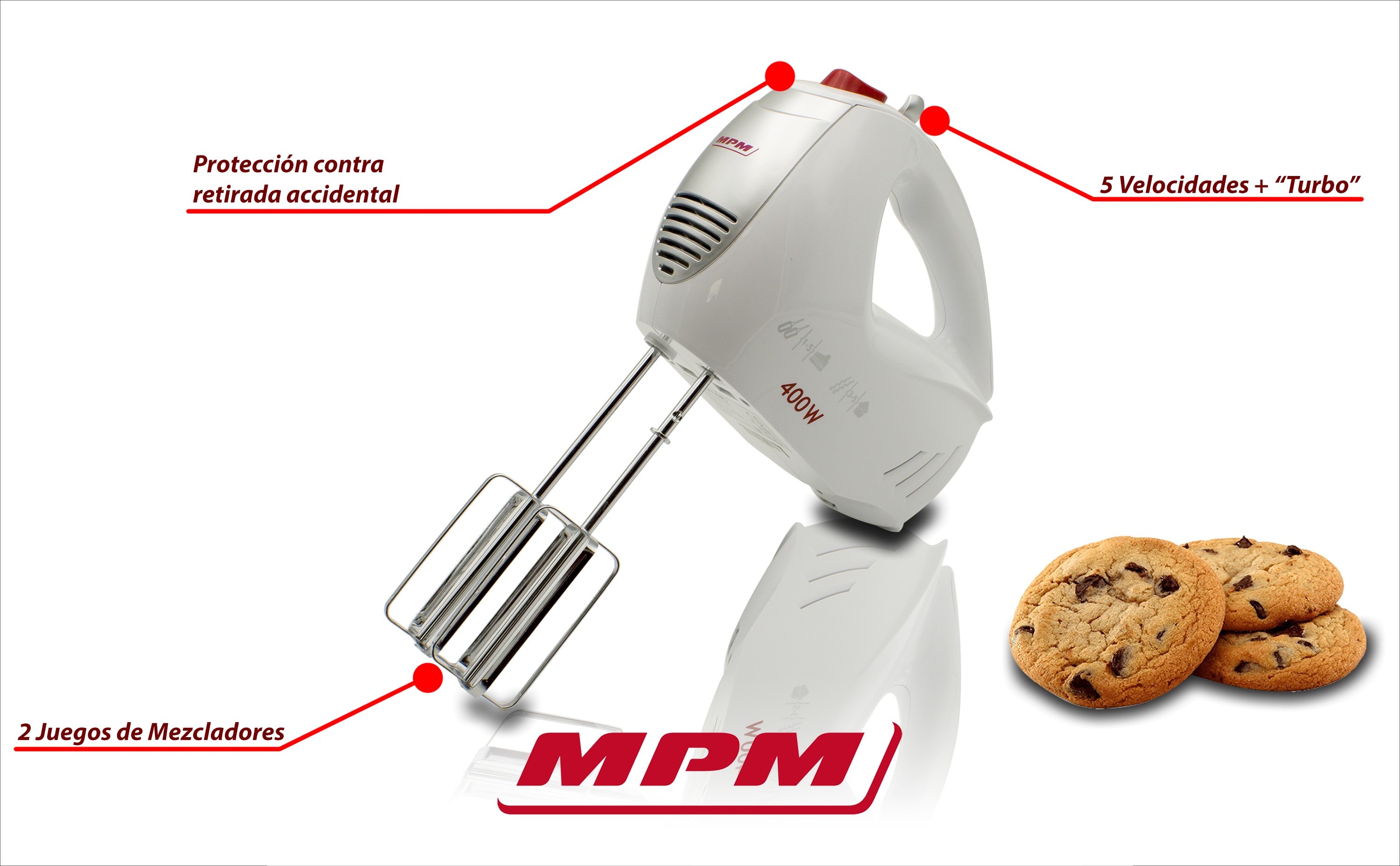 MPM MMR-15 Batidora Amasadora repostería de mano, 5 velocidades + turbo,  varillas y gancho amasar
