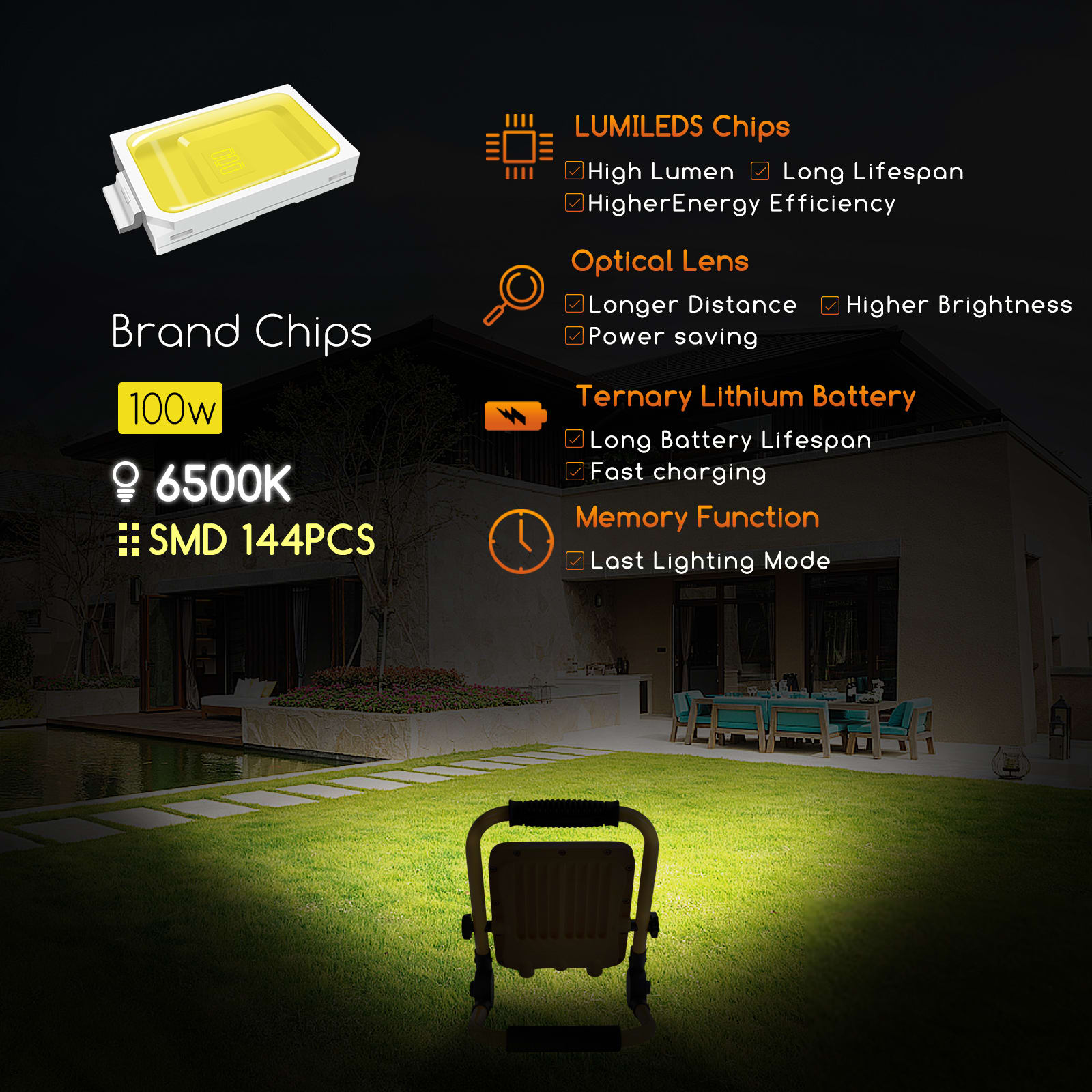 Foco LED Bateria 100W, Recargable Portátil, IP65 6500K 2400lm Aigostar