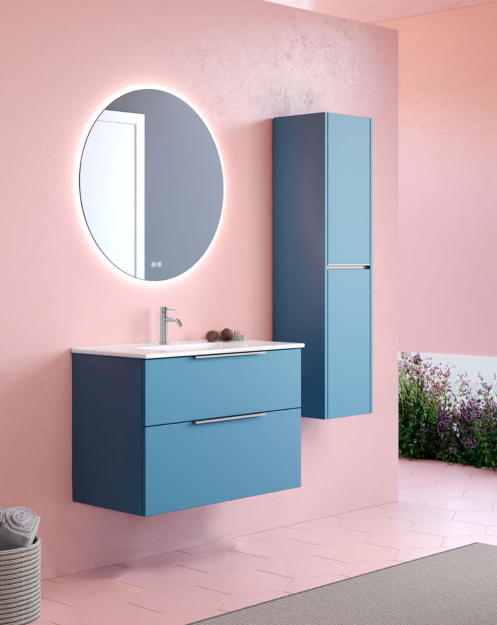 Mueble baño MOLTO de 70 cm suspendido acabado en roble con lavabo ceramico,  estante en roble de 30 cm y espejo. - Zomwy