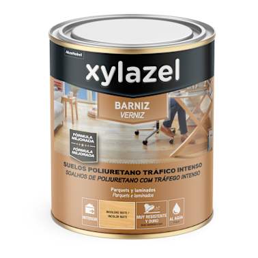 Xylazel Barniz Tráfico Intenso: Protección Brillante para Suelos de Alto Tránsito y Máxima Durabilidad 4 Primer plano de la lata de Xylazel barniz tráfico intenso, destacando su uso para pisos industriales.