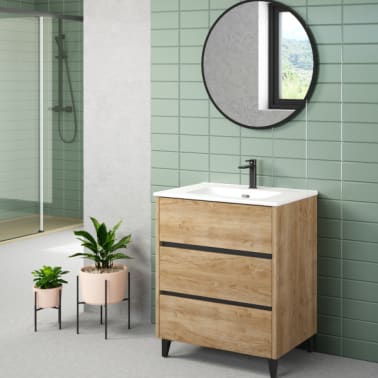 Móvel de casa de banho flutuante com lavatório e espelho preto