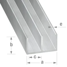 Perfil doble u de aluminio bruto 200 x 1 x 1,6 cm