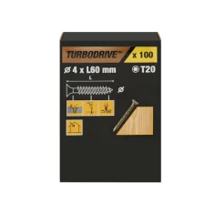 100 tornillos para madera TX premium 4x60 mm Turbodrive
