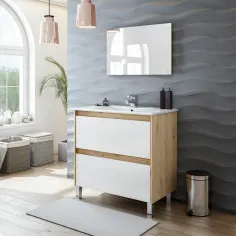 Mueble Alicia 80cm con lavabo y espejo 2 cajones roble y blanco