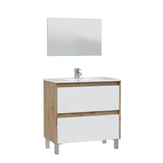 Mueble de baño Alicia con espejo 2 cajones blanco y roble 80 cm