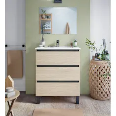 Mueble de baño Aida con lavabo 3 cajones roble claro y negro 70cm
